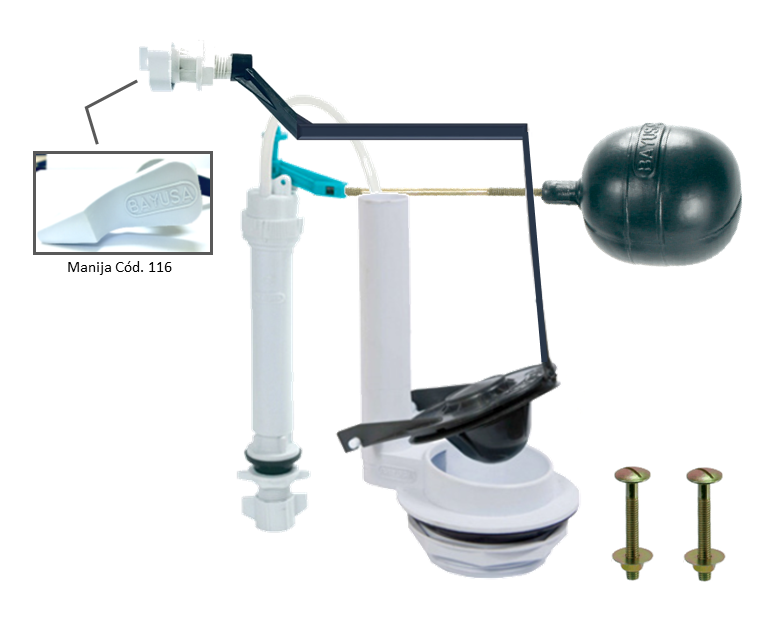 HERRAJE SENCILLO (REBOSADERO 3″ / MANIJA LATERAL BLANCA 116 / VÁLVULA CÓD. 90 / TORNILLOS DE FIERRO / RANA SENCILLA 3″) BAYUSA