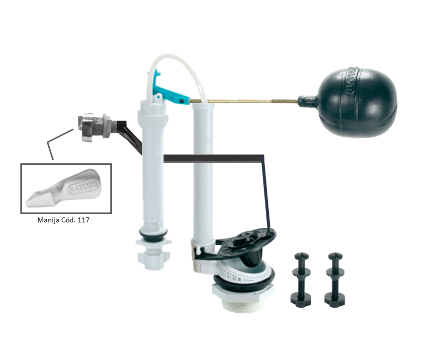 HERRAJE SENCILLO 2" (REBOSADERO SENCILLO / MANIJA LATERAL METALIZADA 117 / VÁLVULA 90 / TORNILLOS DE PLÁSTICO / RANA SENCILLA) BAYUSA